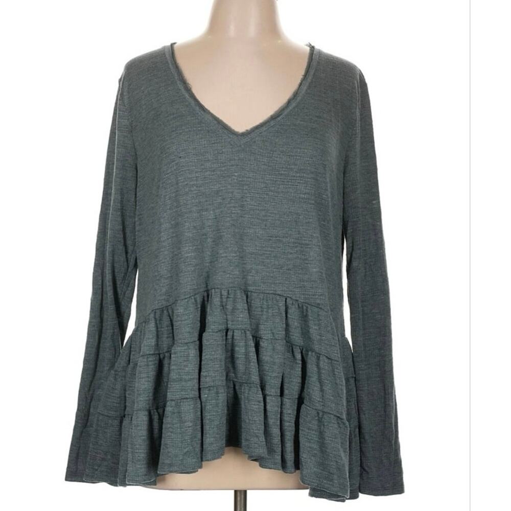 Anthropologie Deletta Babydoll Peplum Top Large Sage Green Tiered Ruffle